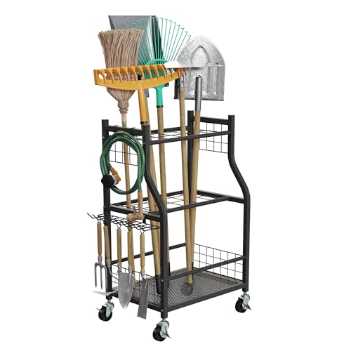 Garage Garden Tool Organizer with Wheels - Yard Tool Storage Rack with 28 Slots for Long Handles, 10 Hooks, 2 Cord Wrappers, and Locking Wheels - Shed or Garage Organization by Pure Garden - size: Small