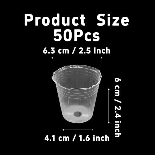 50 Pack Clear Nursery Pots for Plants, 2.5 Inch Plastic Seedling Pots with Drainage Holes, Transparent Plant Starter Containers for Indoor Outdoor Gardening, Flower, Seed Starting - size: 2.5inch