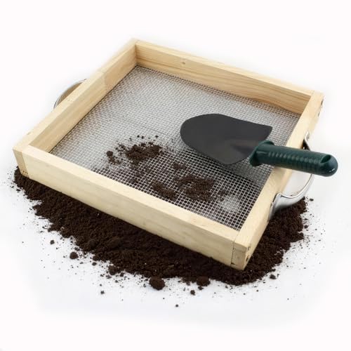 Soil Sifter for Gardening Dirt Sifter with 0.12 inch Metal Wire Mesh Sifting Screen Wood Rocks Sifter with Handle Screen Compost Sifter Garden Essentials（12.5x11.4 in） - size: 0.12 inch aperture