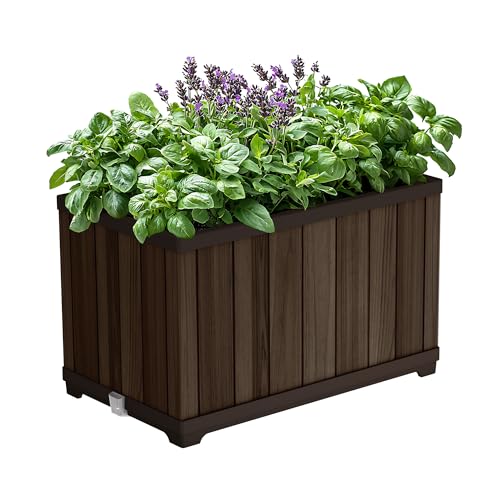 Keter Signature 21.7 Inch Tall Rectangular Large Wood Look Planter for Indoor or Outdoor Flower Pot Ideal for Patio Deck and Front Porch Decor, Rosewood - style: Rectangle