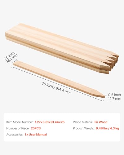 VEVOR Wooden Garden Stakes, 25 Pcs 36 x 0.5 x1.5 in Survey Grading Stakes, Garden Ground Stake with Sharp Point, Fir Wood Plant Support Stake, Sign Posts for Silt Fence Backyard Boundaries Baselines - style: 0.5 x 1.5 x 36in+25pcs