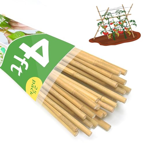 Garden Stakes 4ft, Natural Bamboo Stakes 4 Feet, Thicker Sturdy Plant Stakes 25 Pack for Tomatoes, Beans, Flowers, Potted and More Climbing Plants - size: 4FT, pack of 25