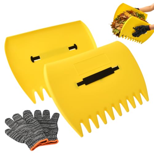 Leaf Scoops and Claws with Gardening Gloves, Large Lightweight Plastic Hand Rakes Yard Grabber for Lawn Clippings, Grass & Trash Pick Up, Ergonomic Adjustable Handles(Yellow) - color: Yellow