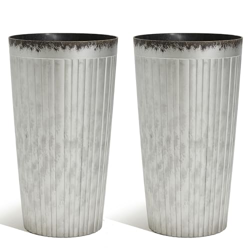 Worth Garden 22.5" H. Plastic Planters - Set of 2 Silver Color Tall Conical Plant Pots for Indoor Outdoor Use - Decorative Lightweight Flower Pots for Front Porch, Patio, Deck - 12.5" Dia x 22.5" H