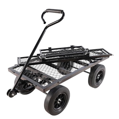 Solid Wheels Wagon cart Large-Capacity mesh Steel Garden Trolley with Detachable Side Without Inflatable Tires can be Used in fams,Warehouses and so on.The Load can Reach 1100 pounds. - color: Black Solid Wheels