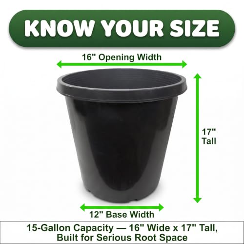 Green Oasis 15 Gallon Nursery Pots (5-Pack) - Premium Injection Molded Black Plastic Plant Pots, Heavy Duty Commercial Grade with Drainage Holes - Perfect for Large Trees, Shrubs & Vegetables