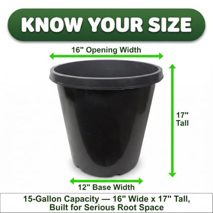 Green Oasis 15 Gallon Nursery Pots (5-Pack) - Premium Injection Molded Black Plastic Plant Pots, Heavy Duty Commercial Grade with Drainage Holes - Perfect for Large Trees, Shrubs & Vegetables