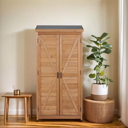 Outdoor Storage Shed Tool Cabinet, Tall Wooden Garden Shed with Metal Roof for Backyard Patio Lawn Tools