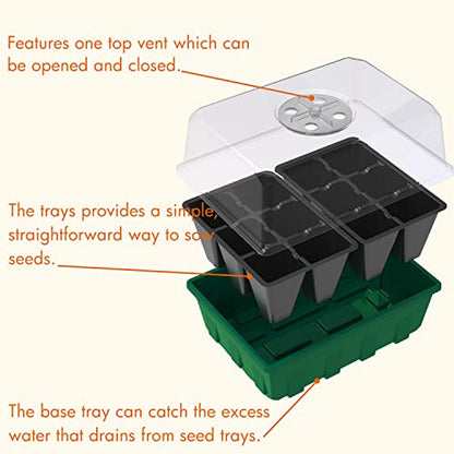 Gardzen 10 Pack Seed Starter Trays with Dome and Green Base 120 Cell - size: 12-Cell Black 10-Pack