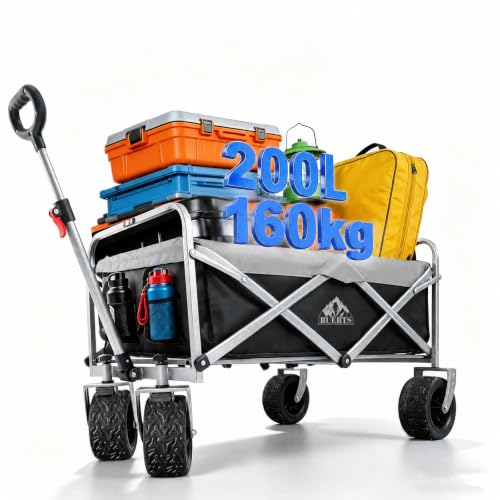 Folding Wagon Carts with Wheels Heavy Duty, Collapsible Beach Trolley, 360° Rotating All-Terrain Portable Camping Adjustable Handle for Outdoor Sports Garden - color: Black
