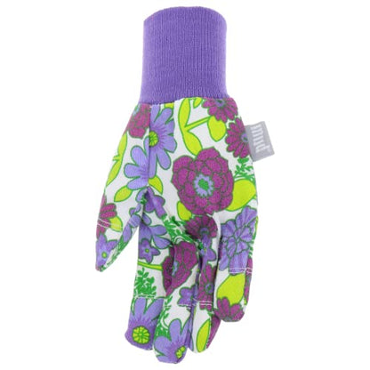 MUD Jersey & Chore Women's Garden Glove, Breathable, Elastic, Reinforced Fingertips, Purple Floral, M/L - size: Medium-Large