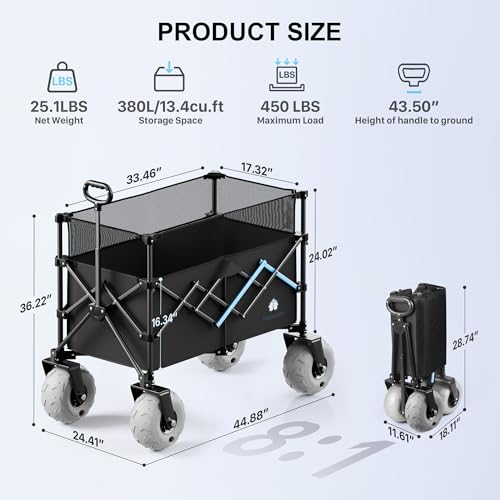 Beach Wagon with Big Wheels for Sand, 450LBS Heavy Duty Foldable Wagon Cart - color: Black, size: 380L