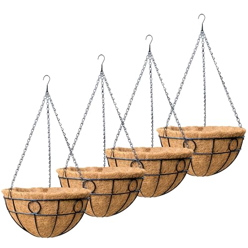 4 Pack 14 Inch Outdoor Plant Hanging Basket Round Metal Hanging Planter with Coco Coir Liner for Indoor Plants Baskets Railing Flower Pots Home Decor