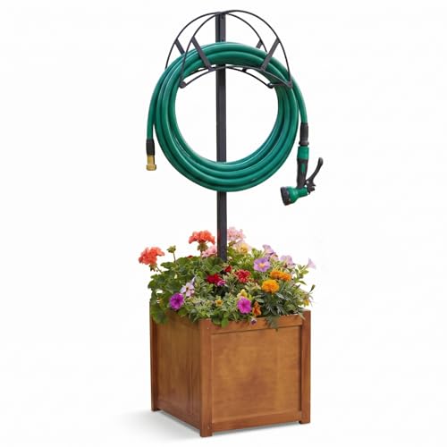 AceOrbit 2-in-1 Garden Hose Holder with Planter Box, Freestanding Heavy Duty Metal Water Hose Stand with Wooden Flower Pot 15.75", Detachable Organizer Rack for Patio Lawn Yard Garden Decor