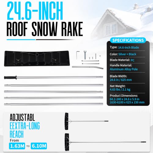 Outvita 20FT 25" Wide Extendable Aluminum Snow Roof Rake, PC Black - color: PC Black, size: 20FT