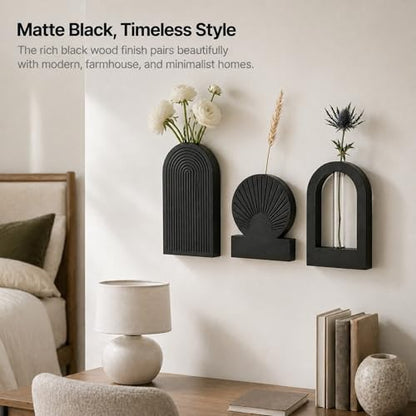 TBWIND Black Wooden Wall Vases Set of 3, Wall Planters with Glass Tube Kit - color: Black