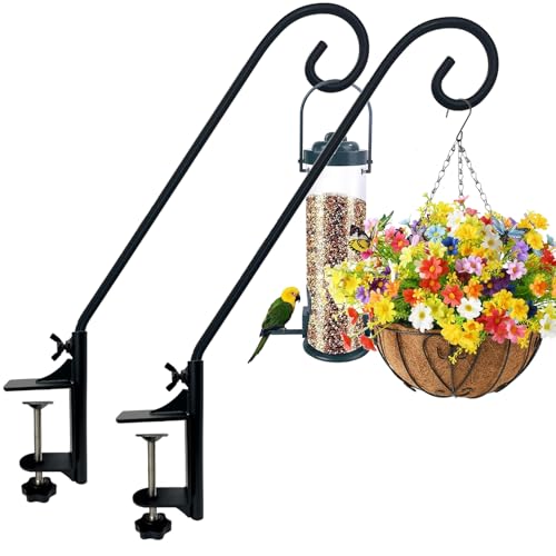 Heavy Duty Deck Hook,360 ° Rotating Design,Pole 15”Long Metal Deck Railing Hooks for Hanging Bird Feeders,Planters,Suet Baskets,Lanterns,Wind Chimes,Clamp Mounted,Under 18 LBS(2PACK)