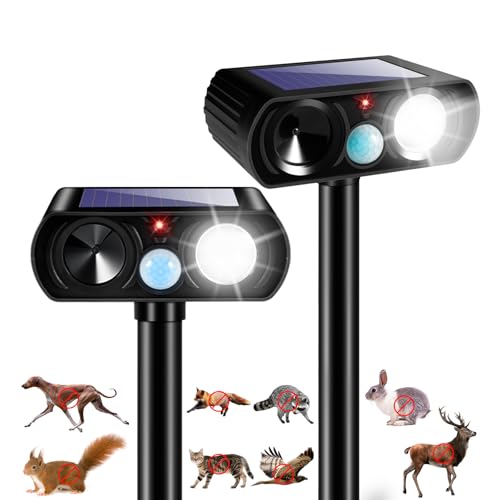 2 Pack Solar Ultrasonic Animal Repellent Outdoor Cat Repellent Outdoor&Deer Repellent Devices Bear Skunk Goose Deterrents Light Animal Repeller with Motion Sensor for Yard Garden
