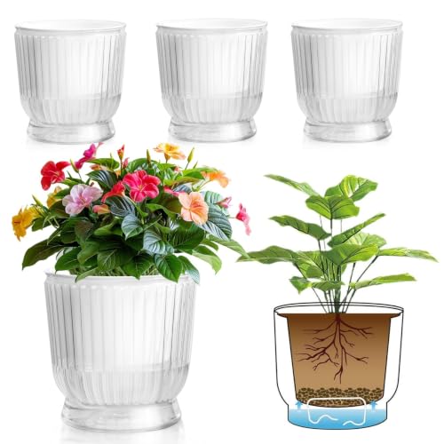 T4U Self Watering Pots for Indoor Plants 6 Inch 4 Pack Planter Clear - color: Clear, size: 6 Inch
