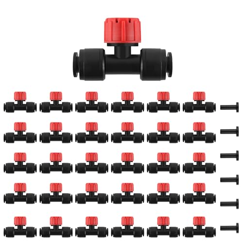 Kalolary 30Pcs Push-to-Fit Drip Irrigation Emitters for 1/4 inch Tubing - size: 1/4” Push-to-Connect Tee- Stream- 30P Red