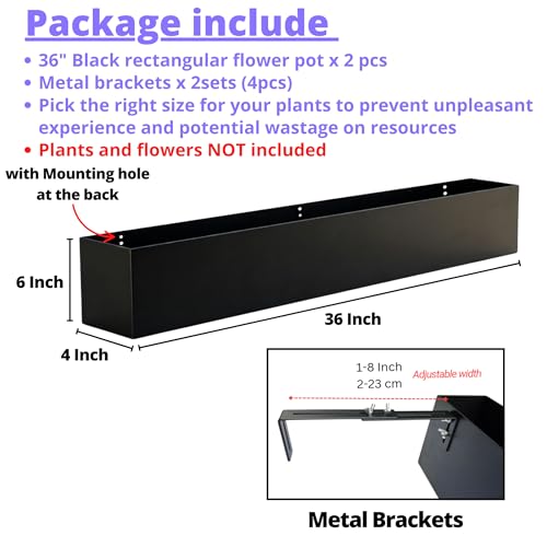 LaLaGreen Railing Planter Box (36 Inch, 2 Pack) Black Metal Rectangular Hanging Flower Boxes with Brackets, Large Planters for Outdoor Plants Deck Railings Fence Balcony Patio Porch Over Rail Garden - size: 36" x 2 Pack