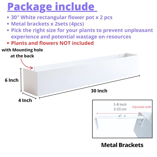 LaLaGreen Planter Boxes Outdoor (30 Inch, 2 Pack) White Metal Rectangular Railing Flower Box with Brackets, Large Planters for Deck Railings Fence Balcony Patio Porch Rail Garden Decor Plant Holder - size: 30" x 2 Pack
