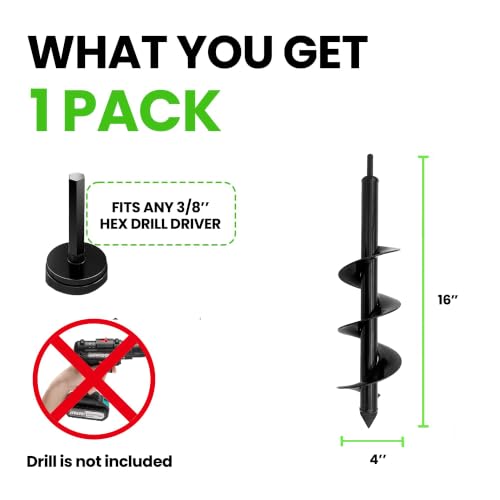 K-Brands Auger Drill Bit for Planting – 4 x 16 Inch – 3/8'' Hex Drive Drill - size: 4 x 16 Inch
