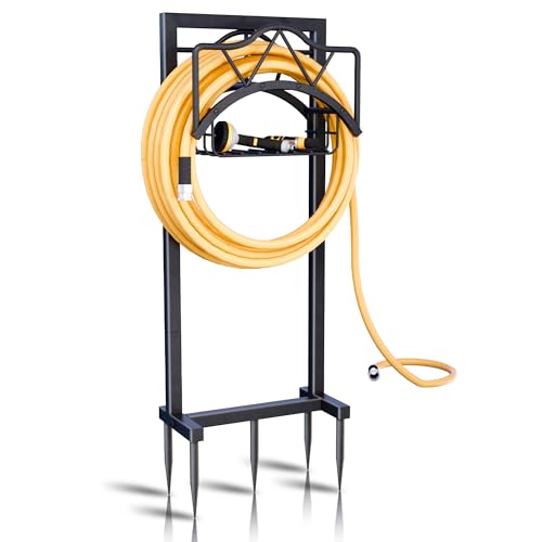 Garden Hose Holders for Outside - Water Hose Holder Freestanding,Metal Hose Stand with 5 Spikers,Hose Hanger with basket,Outdoor Garden Hose Reel Heavy duty,Holds 150-feet Hose,Black