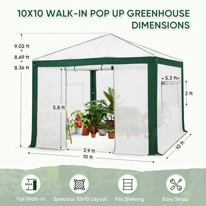 EAGLE PEAK 10x10 Walk in Pop Up Greenhouse, Green/White - color: Green/White, size: 10x10