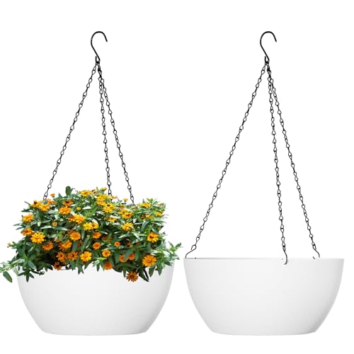 WSMKSZ 13 inch Large Hanging Planters Plant Pots for Outdoor Indoor Plants with Drainage Holes and Chain, 2 Pack Round Hanging Flower Pots for Garden Home Porch Decor, White - color: White, size: 13inch 2pcs