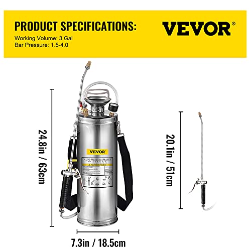 Happybuy 3 Gallon Stainless Steel Sprayer, 20" Wand & 3FT Reinforced Hose, Hand Pump Sprayer with Pressure Gauge, Safety Valve & Adjustable Nozzle, Weed Sprayers for Lawn, Gardening & Sanitizing - size: 3 Gallon