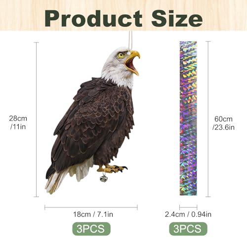 3 Pack Hanging Eagle to Scare Animals Away, Flat Cardboard Fake Eagle with Reflective Tape to Scare Woodpecker Pigeon Away for Outdoor Contryard Garden Patio Deck Orchard Windows Trees Porch - color: 3pcs-eagle