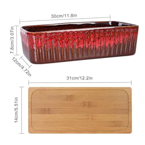 Succulent Pots, 12'' Long Rectangle Planters with Tray, Windowsill Planter - color: Red