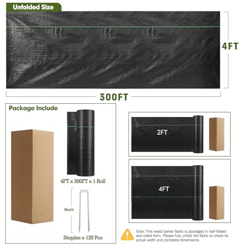 HongWay 4FT x 300FT Weed Barrier Fabric with 120 Staples, 3oz Heavy Duty - size: 4FT x 300FT