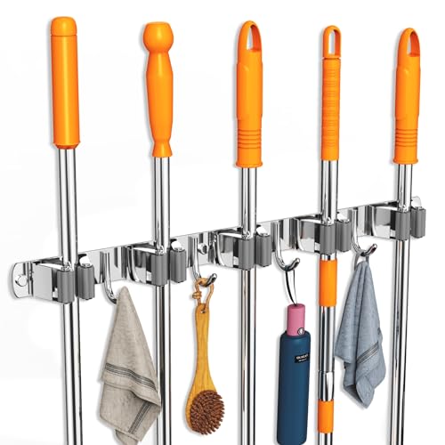 CUXIXA Broom and Mop Organizer Wall Hanging for Laundry Room Organization - color: Silver, size: 5 Racks with 4 Hooks