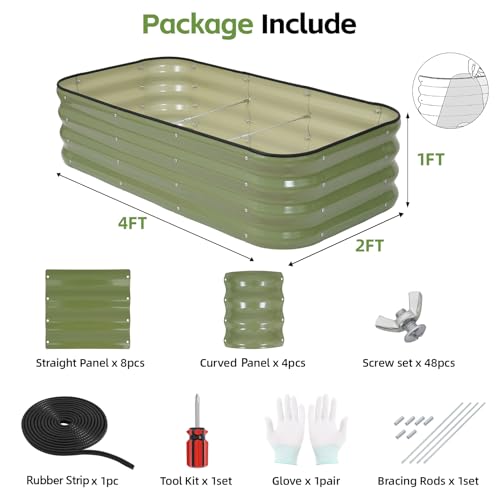 3-in-1 Modular Raised Garden Bed Kit - Adjustable Sizes (4x2x1ft, 3x3x1ft, 5x1x1ft) - Heavy-Duty Galvanized Steel Planter Box with Bracing Rods & Gloves for Vegetables, Fruits, Flowers - color: Green, size: 4×2×1FT