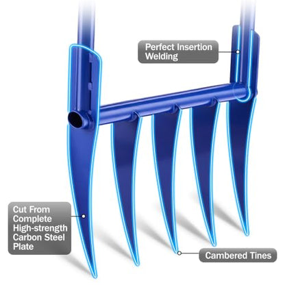 56'' Heavy Duty Broadfork for All the Soils, Detachable Design Pitchfork, 5 Sharp and Cambered 11'' Tines Bord Fork Garden Tool, Ergonomic Handles, Good Package, Easy Assembly, Blue.