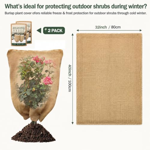 2-Pack Burlap Fabric Plant Bags - 32 X 40 Inch Winter Plant Cover Freeze Protection, Reusable Burlap Sacks Plant Frost Cloth for Outdoor Plants, Cold Weather Tree Wrap for Trees, Bushes & Garden - size: 32*40inch-2Pack