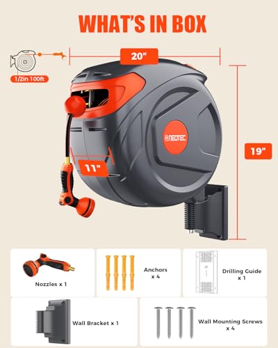 100FT Retractable Garden Hose Reel 1/2 Inch, Wall Mounted Heavy Duty Water Hose with Auto-Lock, Slow Return, 180° Swivel Bracket & 9-Pattern Spray Nozzle, UV Resistant Outdoor Hose Storage System