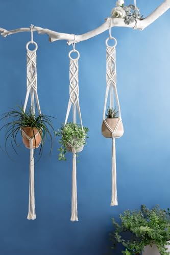 Mkono 3 Pack 39 Inch Macrame Plant Hangers Indoor Wall Hanging Planter Basket Flower Pot Holder Boho Home Decor, Ivory