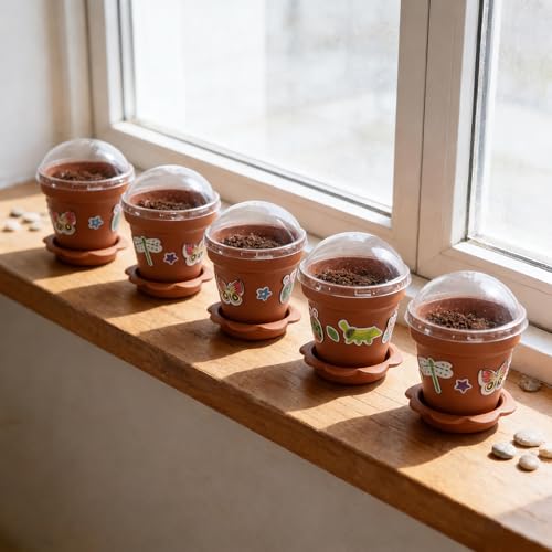 25 Packs Cupcake Plant Nursery Pots with Humidity Dome, Small Plastic Flower Plant Pots with 20 Sheet Stickers, Seeds Starter Pot Flower Planting Container for Seedlings Succulent Display (Wine Red) - color: 25 Packs With 20 Sheet Stickers