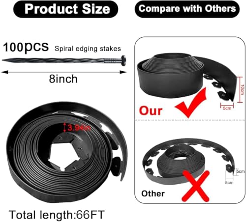 Garden Edging Borders 66FT,Landscape Edging Black[Extra Tall 4IN High] with 100pcs Stakes,Lawn Edging Border Flexible Garden Edge Plastic Fence for Tree,Flower Bed,Landscaping,Yard - color: Black, size: 4IN x 66 FT