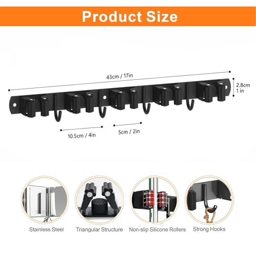 CUXIXA Mop and Broom Holder Wall Mount for Kitchen Garden Laundry Garage - color: Black, size: 5 Racks with 4 Hooks