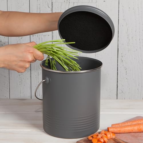 Now Designs Compost Bin Charcoal Powder Coated Steel With Charcoal Filter, 8.5 inches high, 1.25 gallon - color: Charcoal