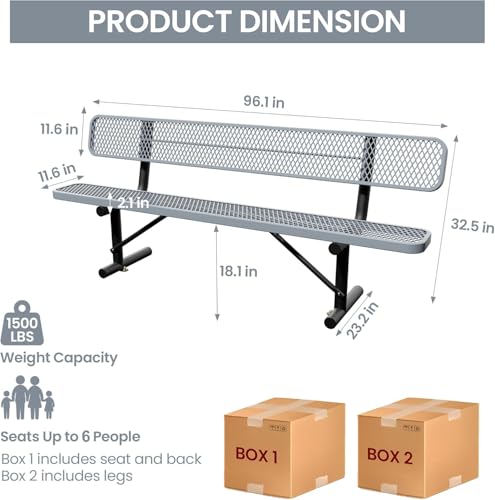 8 Feet Steel Park Bench for Outside, Outdoor Bench with Backrest & Portable Frame, Commercial Benches for Shopping Malls, Stores, Parks, Patios, Decks, Grey - color: Grey, size: 8 FT