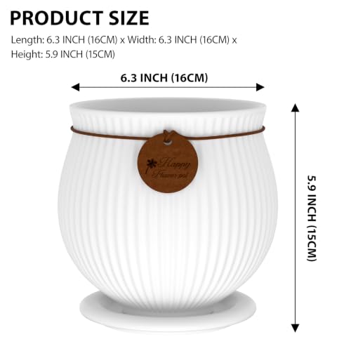 6.3 Inch White Ceramic Planter with Drainage Hole and Saucer - color: Matte White, size: Medium