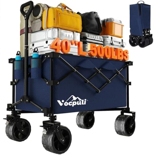40" L Collapsible Wagon Cart Foldable, 500lbs Weight Capacity 250L Heavy Duty Folding Beach Wagons with Big All-Terrain Wheels, Utility Carts for Groceries, Shopping, Camping, Sports - Blue - color: Blue, size: 250L