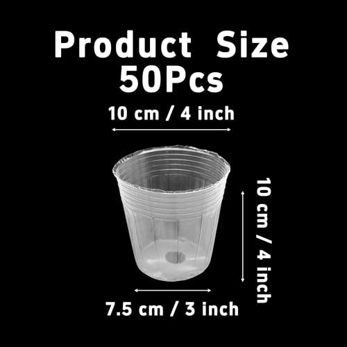 50 Pack Clear Nursery Pots for Plants, 4 Inch Plastic Seedling Pots with Drainage Holes, Transparent Plant Starter Containers for Indoor Outdoor Gardening, Flower, Seed Starting - size: 4inch
