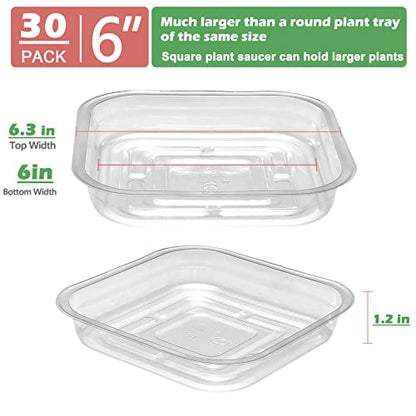 30 Pack Plant Saucers for Indoors 6 Inches Plant Trays for Pots Plastic Trays for Plants Square Plant Drip Trays for Potted Plants Flower Pot Saucers Clear Plant Plates to Catch Water, Bulk - size: 6 Inches