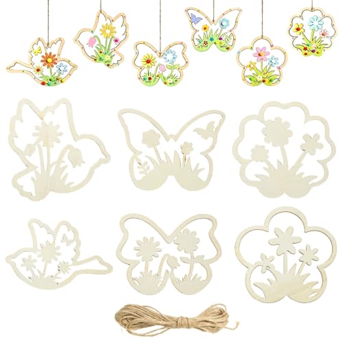 Ipotkitt 24pcs Unfinished Flower & Butterfly Shaped Wood Cutouts for Painting Crafts, Animal Floral Wooden Hanging Ornaments for DIY Home Garden Decor, with Jute Twine - color: Natural Wood Color Flower_24pcs
